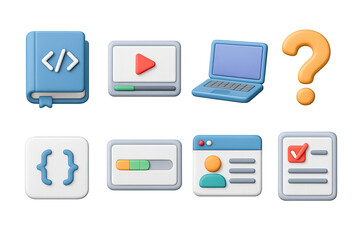 Web development 3d icon set – isometric digital design and coding tools for ui/ux projects: codebook, video player, laptop, query symbol, coding brackets, progress bar