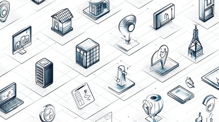 Aufkleber - Isometric Icons and Digital Symbols Arranged on a Clean Grid Background Showcasing Modern Design Elements