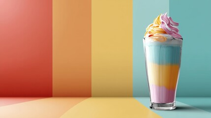Aufkleber - Colorful Milkshake Glass With Vibrant Whipped Topping Against a Minimalistic Background