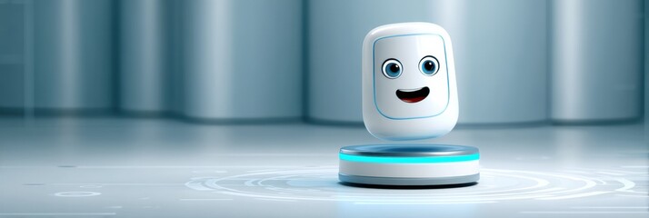 Fototapete - Floating Robotic Assistant With a Smiling Face and a Hovering Screen Providing Assistance in a Modern, Sleek Environment