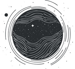Wall Mural - abstract black and white illustration of a planet surrounded by stars and swirling lines representin