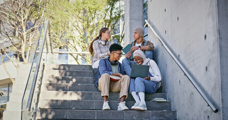 Poster - Group, education and studying on campus steps, laptop and collaboration for research and communication with friends. Happy, online and outdoor at college, student people smile on stairs or backpack