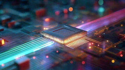 Fototapete - A detailed depiction of a microchip at the center, surrounded by vibrant, glowing data streams that highlight advancements in technology and computing