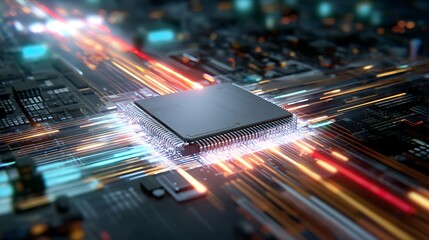 Poster - A detailed depiction of a microchip at the center, surrounded by vibrant, glowing data streams that highlight advancements in technology and computing