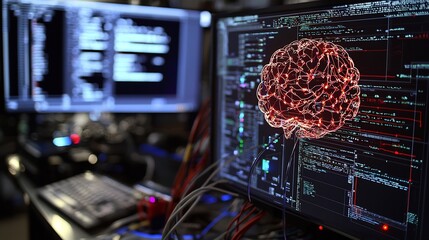 A computer screen displaying a glowing red brain with code and another screen in the background