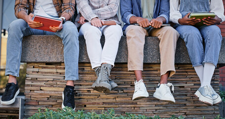 Poster - Feet, students and wall with book at school for education, learning support and studying of growth development. People, legs and rest for knowledge, university and reading for morning information