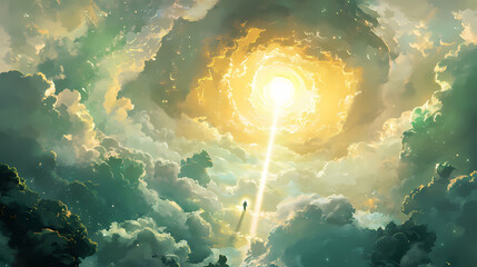 Wall Mural - Intense light beam pierces swirling clouds in stunning aerial view image. Heavenbud Glow. Illustration