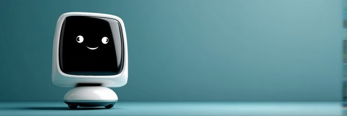 Aufkleber - Floating Robotic Assistant With a Smiling Face and a Hovering Screen Brightens up a Modern Workspace in the Afternoon Light, Showcasing Futuristic Technology