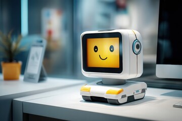 Fototapete - Floating Robotic Assistant With a Smiling Face Providing Help in a Modern Workspace