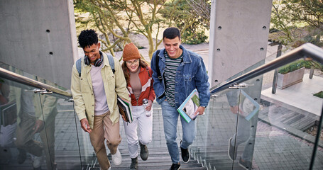 Poster - College, conversation and walking with friends on stairs at school or university campus for learning. Development, growth or study with man and woman students outdoor together for scholarship