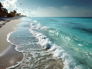 a pristine beach with crystal-clear turquoise water gently rolls in waves onto soft white sand under