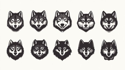 Naklejka na meble Ten Husky Dog Heads; White Background; Animal Portraits; Design Element