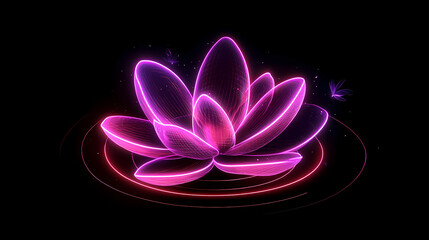 Wall Mural - Abstract pink light circular neon element with swoosh effect flower petals illustration of glowing swirl circle lines with flying leaves and sparkle. Flare Flower. Illustration