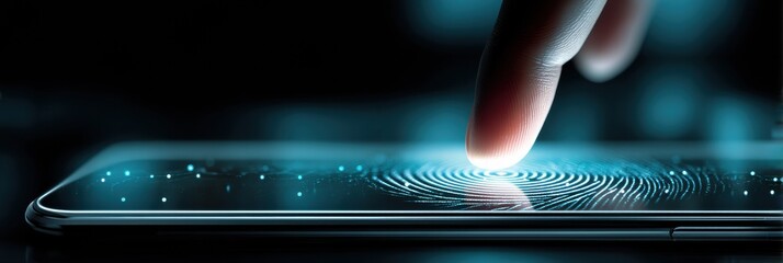 Leinwandbilder - Floating Hand Interacts With Smartphone Showcasing Glowing Biometric Scanner Technology in a Modern Environment