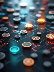 Leinwandbilder - Crypto Coins Float Amidst Dynamic Graphs in a Futuristic Digital Space, Showcasing the Evolution of Finance in the Modern Era