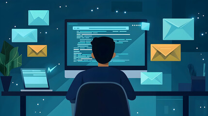 A person working at a computer surrounded by many email symbols.