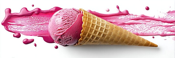 Aufkleber - Delicious Ice Cream Cone With Pink Scoop Featuring a Smooth Dripping Texture on a White Background