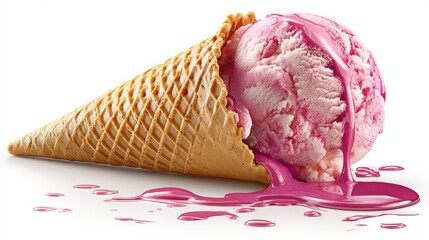 Aufkleber - Delicious Pink Ice Cream Cone With Drips on a White Background for a Delightful Summer Treat