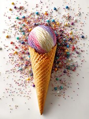 Aufkleber - Gelato Ball in a Waffle Cone Surrounded by Colorful Sprinkles on a White Background