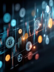Leinwandbilder - Futuristic Digital Space Filled With Floating Crypto Coins and Dynamic Graphs Depicting Market Trends and Financial Data