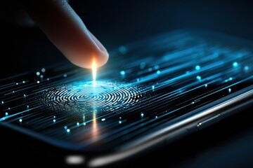 Aufkleber - Floating Hand Engages a Smartphones Biometric Scanner With a Glowing Effect During a Technology Demonstration