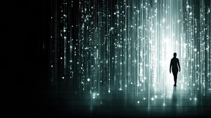 Leinwandbilder - Silhouette Merging With Digital Binary Code and Glowing Light Nodes in a Futuristic Space