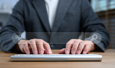 Poster - Businessman typing on a keyboard with AI chat and search bar interface concept, technology innovation and artificial intelligence for information search and online communication.