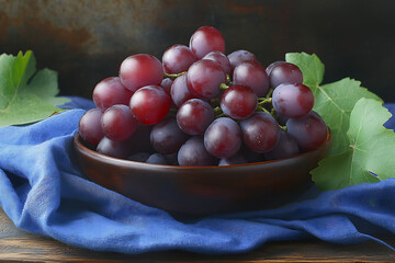 Poster - Plump red grapes in a wooden bowl on a blue cloth background for healthy snacking : Generative AI