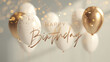 © LazysAI - Minimalist birthday greeting card design with gold and white balloons, featuring elegant script text and festive confetti. soft lighting adds celebratory atmosphere