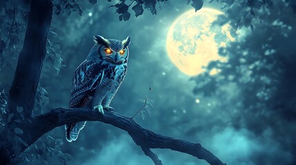 A great horned owl perched on a branch in a moonlit forest, large yellow eyes glowing, feathers ruffled by a gentle breeze, surrounding trees bathed in soft light, night-time wilderness captured in ph