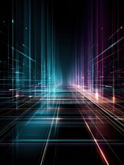 Leinwandbilder - Futuristic Digital Grid With Neon Lines Creating a Vanishing Point Perspective in a Dark Environment