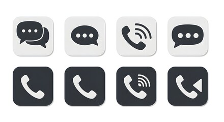 a set of phone and message icons in black and white arranged in a grid pattern on a white background