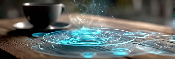 Aufkleber - Floating Interactive Hologram Menu Displayed Above Coffee Cup on Wooden Table in Modern Cafe