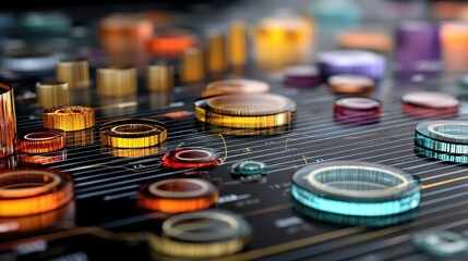 Leinwandbilder - Innovative Holographic Financial Chart Displaying Dynamic 3D Tokens and Floating Numerical Data in a Futuristic Setting