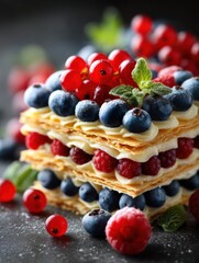 Aufkleber - Delightful Mille-Feuille Slice Showcases Creamy Layers and Fresh Berries in a Vibrant Dessert Setting