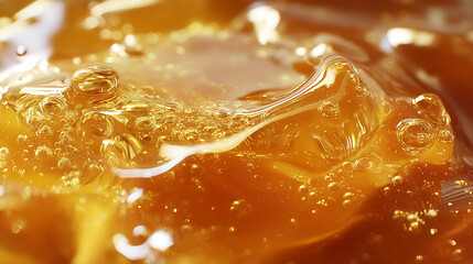 Poster - Close-up view of a liquid surface showing vibrant bubbles and rich amber tones in a flowing motion : Generative AI
