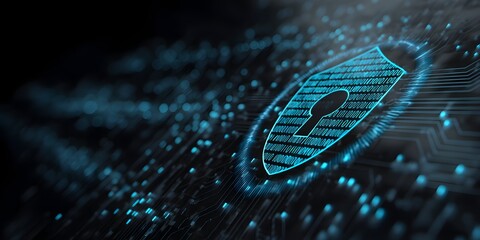 Cybersecurity and digital data protection, digital cybersecurity interface featuring secure login authentication, data protection shield, and encrypted binary code elements.