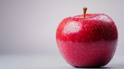 Poster - Fresh red apple with water droplets against a soft background highlighting its vibrant color and natural beauty : Generative AI