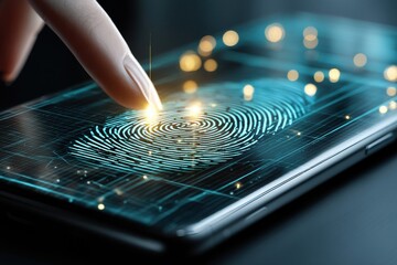 Leinwandbilder - Floating Hand Interacts With Smartphone Biometric Scanner While Vibrant Lights Radiate in a Modern Tech Environment