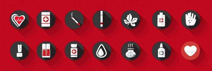 Aufkleber - Health Impacts of Smoking Illustrated in an Icon Set on a Vibrant Red Background Conveying Various Consequences Related to Tobacco Use
