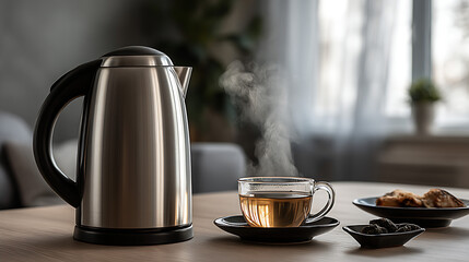 Aufkleber - Elegant Stainless Steel Kettle with Hot Tea and Tasty Snacks in Cozy Setting : Generative AI