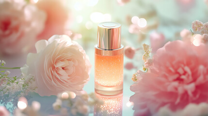 Poster - Fragrant beauty essence bottle surrounded by delicate flowers and soft bokeh lights : Generative AI