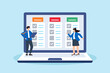 © VZ_Art - Flat illustration of task management team finish project efficiently on computer laptop business planning checklist completion schedule agenda