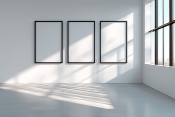 Aufkleber - Minimalist Art Gallery Space with Empty Frames and Natural Light Streaming Through Large Windows : Generative AI