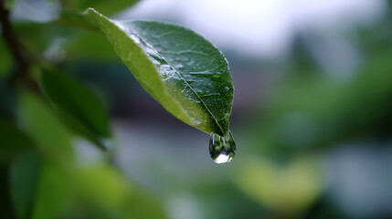 Aufkleber - Close-up of a fresh green leaf with a water drop glistening on its tip against a blurred background : Generative AI