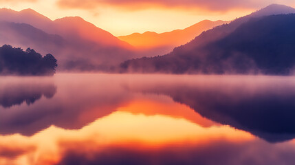 Poster - Stunning landscape of a tranquil lake surrounded by mountains at sunset with vibrant hues of orange and purple reflections : Generative AI