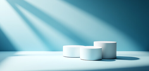 Aufkleber - Three Elegant White Cylinders Casting Shadows on a Blue Background in Modern Aesthetic : Generative AI