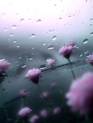 Poster - Beautiful Pink Flowers With Raindrops Captured Through a Misty Window Pane : Generative AI