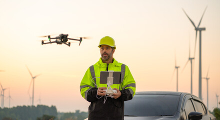 Wall Mural - engineer specialists pilot drone on wind turbine farm. architectural engineer and safety engineering