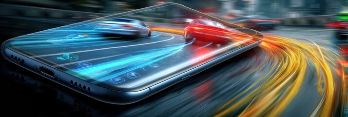 Poster - Gaming Smartphone Showcasing Racing Game Interface With Motion Trails on Screen in an Urban Street Setting During Daytime Driving Experience
